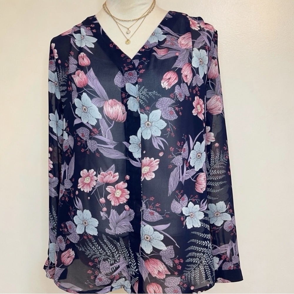 Urban Coco Semi-Sheer Navy Floral Print Blouse Women’s Medium Boho